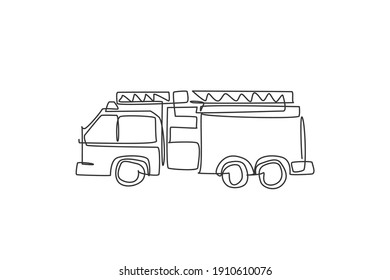 Single continuous line drawing of firetruck emergency rescuer for fireman. Fire engine vehicle isolated minimalism concept. Dynamic one line draw graphic design vector illustration on white background