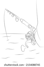 Single continuous line drawing fishing rod. Illustration fishing concept. Outline hand drawn fish, fishing rod and hobby. Man fishing in the sea.