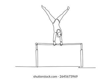 Single continuous line drawing fit female gymnast performing upside down handstand uneven bars in arena. Movement, action, motion, healthy lifestyle. One line draw graphic design vector illustration