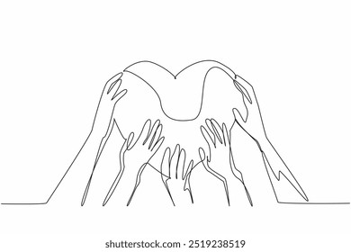 Single continuous line drawing the five hands holding a heart shape together. Demonstrating the power of togetherness. Unity and love. Random Acts of Kindness Day. One line design vector illustration