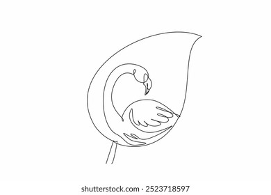 Single continuous line drawing flamingo head and body in the middle of the leaf. Do not disturb the balance of nature. Let it grow and develop. World Wildlife Day. One line design vector illustration