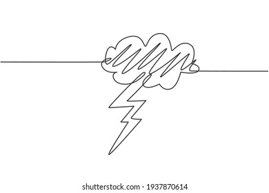 Single continuous line drawing  flashing thunderbolt and heavy cloud in the sky  Daily natural weather phenomena concept  Minimalism dynamic one line draw  Graphic design vector illustration