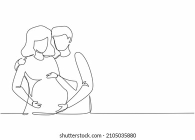 Single continuous line drawing flat illustration about pregnancy and partner birth. Young pregnant woman with husband. Man takes care and hugs his wife. Dynamic one line draw graphic design vector