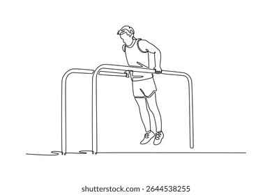 Linha única contínua desenho flexível ginasta exercício barras paralelas em campeonato ginástica. Movimento, ação, movimento, estilo de vida saudável. Ilustração de vetor de design gráfico de desenho dinâmico de uma linha