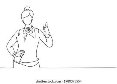 Single continuous line drawing flight attendant with a thumbs-up gesture is ready to serve airplane passengers in a friendly and warm manner. Dynamic one line draw graphic design vector illustration