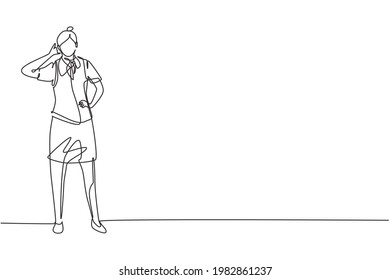 Single continuous line drawing flight attendant stands with call me gesture, uniform, prepare at airport with crew flying to their destination. Dynamic one line draw graphic design vector illustration