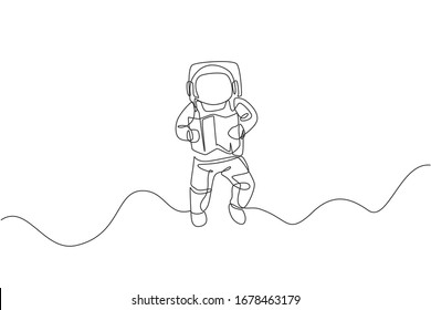 Single continuous line drawing floating science astronaut in spacewalk reading map navigator. Fantasy deep space exploration, fiction concept. Trendy one line draw design graphic vector illustration