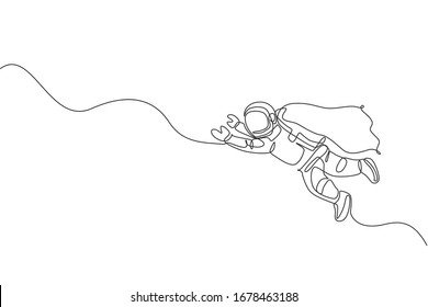 Single continuous line drawing floating science astronaut in spacewalk fly wearing wing suit. Fantasy deep space exploration, fiction concept. Trendy one line draw design vector graphic illustration