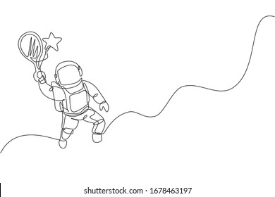 Single continuous line drawing of floating science astronaut in spacewalk hitting star using racket. Fantasy deep space exploration, fiction concept. Trendy one line draw design vector illustration