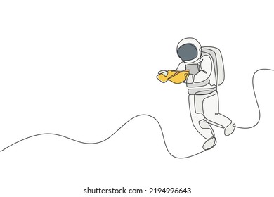 Single continuous line drawing of floating science astronaut in spacewalk reading space map. Fantasy deep space exploration, fiction concept. Trendy one line draw graphic design vector illustration