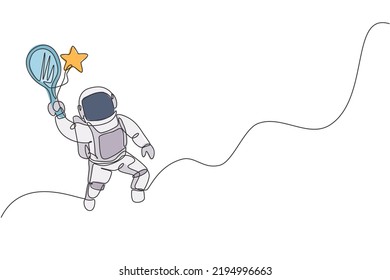 Single continuous line drawing of floating science astronaut in spacewalk hitting star using racket. Fantasy deep space exploration, fiction concept. Trendy one line draw design vector illustration