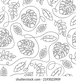 Single continuous line drawing floral pattern. Tropical leaves seamless pattern. Jungle leaves in one continuous line repeated background. Minimalist linear sketch. Vector illustration. Safari leaf.