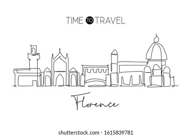 Single continuous line drawing of Florence city skyline, Italy. Famous skyscraper landscape in world. World travel concept wall decor poster print art. Modern one line draw design vector illustration