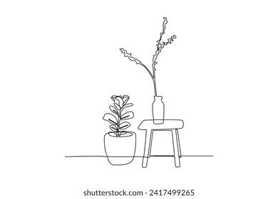 Dibujo de una línea continua de macetas de flores y una pequeña mesa en la habitación. Lujoso interior. decoración interior minimalista. Dormitorio. Habitaciones muy acogedoras. Estabilidad. Un vector de diseño de línea