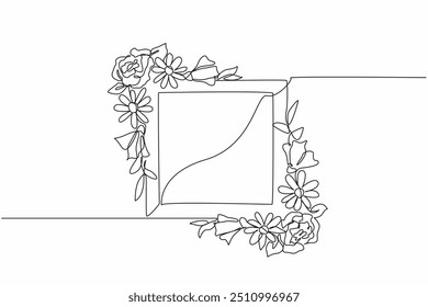 Single continuous line drawing flower arrangements in the corners of the frame. Decorate photo frames to make them look more beautiful. Amazed. National Flower Day. One line design vector illustration