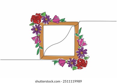 Single continuous line drawing flower arrangements in the corners of the frame. Decorate photo frames to make them look more beautiful. Amazed. National Flower Day. One line design vector illustration