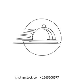 Single continuous line drawing of flying cover tray cloche for food delivery service logo label. Restaurant food delivery concept. Modern one line draw design vector graphic illustration