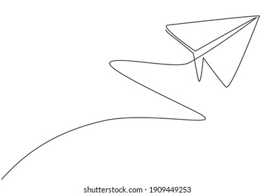 Single continuous line drawing of flying paper airplane on the sky. Back to school minimalist style. Children toy concept. Modern one line draw graphic design vector illustration