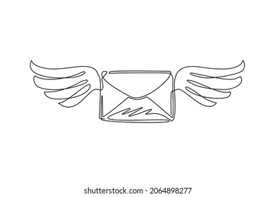 Single Continuous Line Drawing Flying Closed Mail Envelope With Wings. Not Read Incoming Message. Decoration For Greeting Cards, Posters, Prints For Clothes. One Line Draw Design Vector Illustration