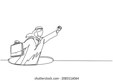 Single continuous line drawing flying Arab businessman with wing and briefcase coming out of holes. Man leading financial rising from hole. Business growth concept. One line draw graphic design vector