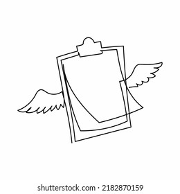 Single continuous line drawing flying clipboard with wings. Filling control list on notepad. Concept of survey, quiz, to-do list or agreement. Modern one line draw graphic design vector illustration