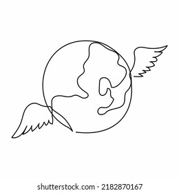 Single continuous line drawing flying globe with wings. World travel wings and globe emblem logo. Inspiration and encouragement concept. Dynamic one line draw graphic design vector illustration