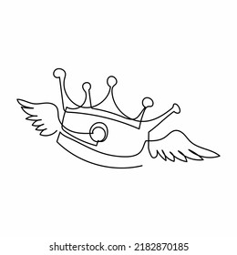 Single continuous line drawing flying crown with wings. Classic King crown badge with wings. Creative logo illustration design element for. Dynamic one line draw graphic design vector illustration