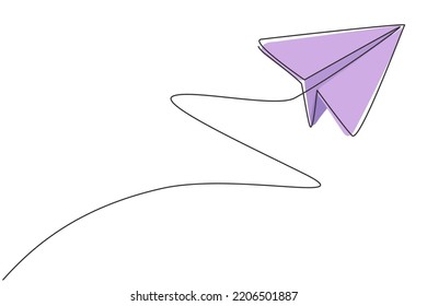 Single continuous line drawing of flying paper airplane on the sky. Back to school minimalist style. Children toy concept. Modern one line draw graphic design vector illustration