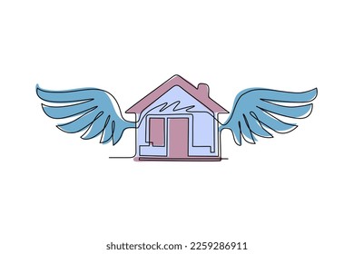 Single continuous line drawing flying house logo with wings as icon for any business especially for house business, real estate, architecture, construction, mortgage, rent. One line draw design vector