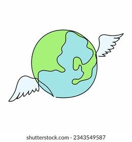 Single continuous line drawing flying globe with wings. World travel wings and globe emblem logo. Inspiration and encouragement concept. Dynamic one line draw graphic design vector illustration