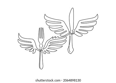Single continuous line drawing food fork and knife with wings fly flat logo symbol icon. Winged silhouette fork and knife. Food business theme. Dynamic one line draw graphic design vector illustration