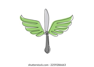 Single continuous line drawing food knife with wings fly logo symbol icon. Winged silhouette kitchen knife. Food business restaurant theme. Dynamic one line draw graphic design vector illustration