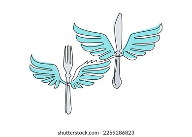 Single continuous line drawing food fork and knife with wings fly flat logo symbol icon. Winged silhouette fork and knife. Food business theme. Dynamic one line draw graphic design vector illustration