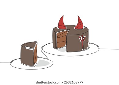 Einzige durchgehende Linie, die Essenskuchen des Teufels mit Hornhaut schneidet. Ein dunklerer, dichterer Kuchen mit einem süßeren Geschmack. Kulinarisch. Ereignis. National Food of Devil Cake. Vektorgrafik mit einzeiligem Design