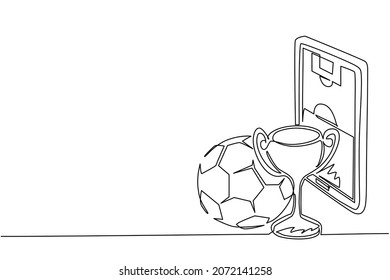 Single continuous line drawing football field on screen smartphone with soccer cup and football ball. Mobile football soccer. Mobile sports play match. One line draw graphic design vector illustration
