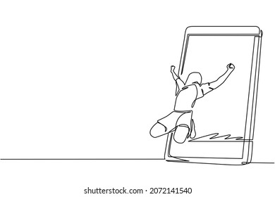 Single Continuous Line Drawing Football Player Is Celebrating Goal Out Of Smartphone Screen With His Jersey On Head. Online Soccer Game With Live Mobile App. One Line Draw Design Vector Illustration