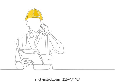 Single continuous line drawing of foreman controlling building development progress while holding clipboard and phone. Building construction service concept one line draw design illustration. - Powered by Shutterstock - Get 15% off with code: PIKWIZARD15