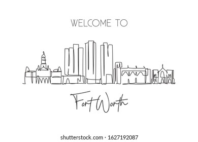 Single continuous line drawing of Fort Worth city skyline, United States of America. Famous landscape. World travel concept wall decor poster print art. Modern one line draw design vector illustration