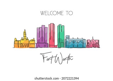 Single continuous line drawing of Fort Worth city skyline, United States of America. Famous landscape. World travel concept wall decor poster print art. Modern one line draw design vector illustration