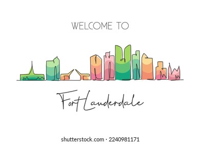 Single continuous line drawing Fort Lauderdale skyline, Florida. Famous city scraper landscape. World travel home wall decor art poster print concept. Modern one line draw design vector illustration