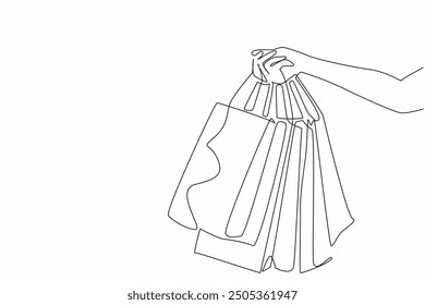 Single continuous line drawing four shopping bags in different sizes and colors. Buying in bulk. Getting good treatment from shop owner. World Consumer Rights Day. One line design vector illustration