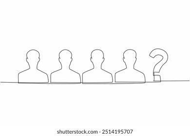 Single continuous line drawing four silhouettes of people and one question mark. Missing staff. Missing member. Missing family. Disappeared and not yet found. One line design vector illustration