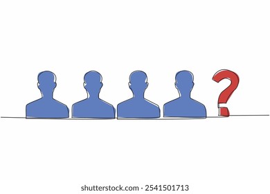 Single continuous line drawing four silhouettes of people and one question mark. Missing staff. Missing member. Missing family. Disappeared and not yet found. One line design vector illustration