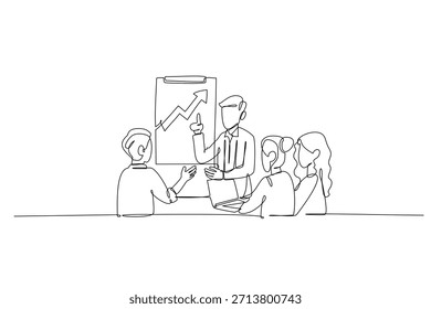 Single continuous line drawing four human colleagues, one man presenting an upward finance chart to two women and one man, discussing business success. One line draw graphic design vector illustration