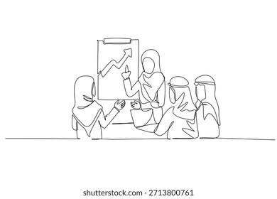 Línea continua única que dibuja a cuatro colegas árabes, una mujer que presenta un gráfico ascendente, discutiendo el éxito empresarial y la estrategia en la reunión de oficina. Una línea dibuja la Ilustración vectorial del Diseño gráfico