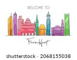 Single continuous line drawing of Frankfurt city skyline, Germany. Famous skyscraper landscape. World travel wall decor home art poster print concept. Modern one line draw design vector illustration