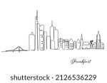 Single continuous line drawing of Frankfurt city skyline, Germany. Famous skyscraper landscape. World travel wall decor home art poster print concept. Modern one line draw design vector illustration