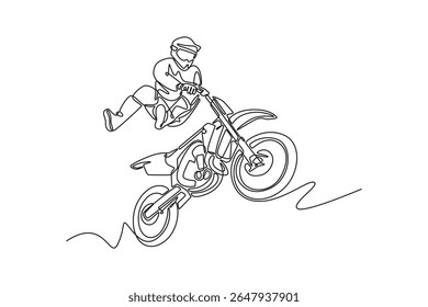 Linha contínua única desenho freestyle motocross stunt rider fazendo um salto e executar acrobatic stunt voo. Habilidades esportivas, equilíbrio e adrenalina. Ilustração de vetor de design gráfico com desenho de uma linha