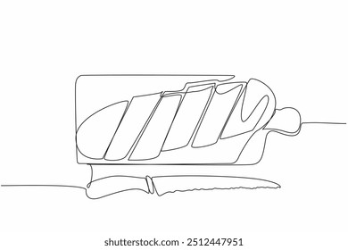 Single continuous line drawing French bread is already cut into pieces on a cutting board. Preparing in the kitchen. For a family meal. National French Bread Day. One line design vector illustration