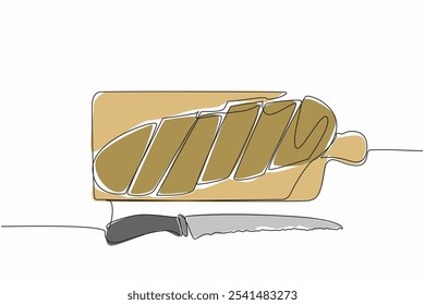 Single continuous line drawing French bread is already cut into pieces on a cutting board. Preparing in the kitchen. For a family meal. National French Bread Day. One line design vector illustration